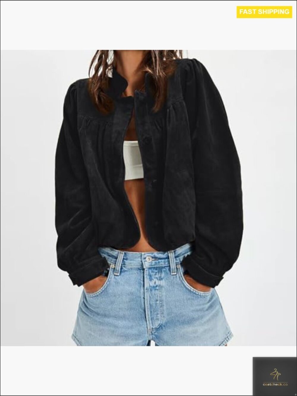 Faux Suede Oversized Cropped Jacket with Puffed Sleeves and Stand Collar - Picture 5 of 7